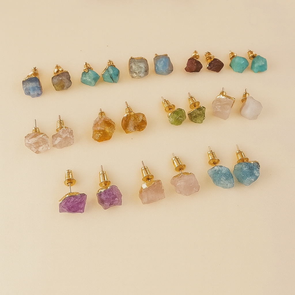 Raw Crystal Stud Earrings โ Gold Trim โจ