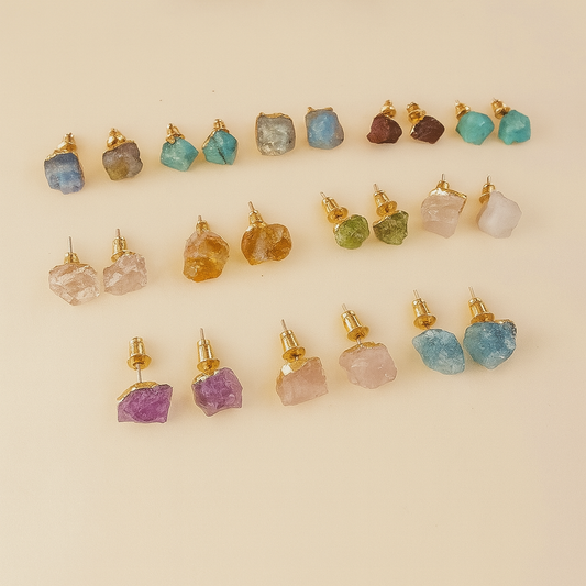 Raw Crystal Stud Earrings – Gold Trim ✨